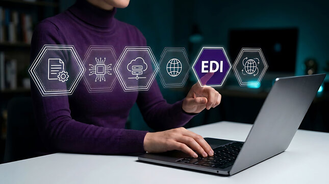 Businesswoman working on laptop with electronic data interchange EDI technology