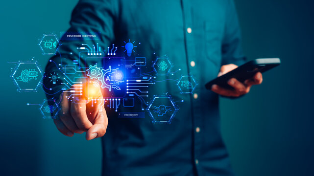 Businessman touching futuristic AI hologram. This smart artificial intelligence technology concept shows digital innovation, network connectivity, cyber security, and business internet data.