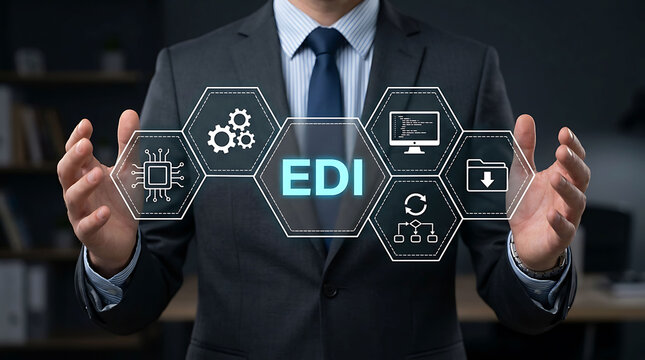 Businessman holding EDI electronic data interchange automation technology icons