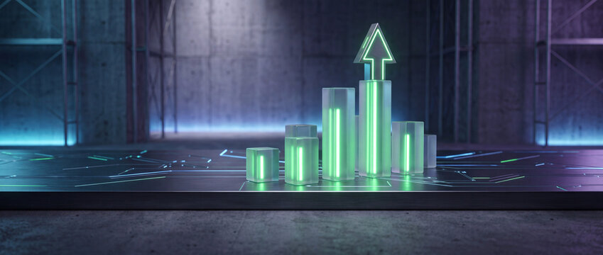 Futuristic 3D financial bar graph with glowing green neon lights and upward arrow on a digital circuit floor in an industrial data center background representing business growth and success.