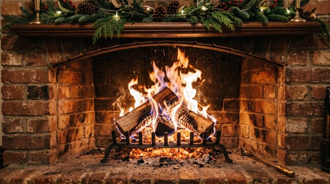Cozy brick fireplace with a roaring fire, beautifully decorated with festive Christmas garland, creating a warm and inviting atmosphere for winter evenings