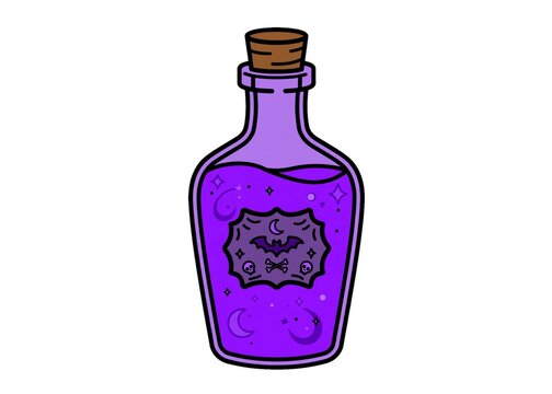 Purple Magic Potion Bottle with Moon Bat and Skull Symbols