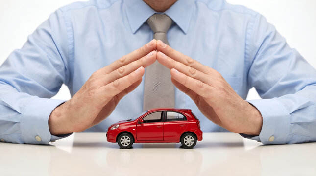 Professional businessman in light blue shirt holding hands in a protective gesture over a small red toy car model, symbolizing vehicle insurance, safety, and security concept on white background