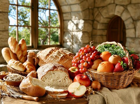 Rustic Artisan Bread and Fresh Fruit in Warm Window Light