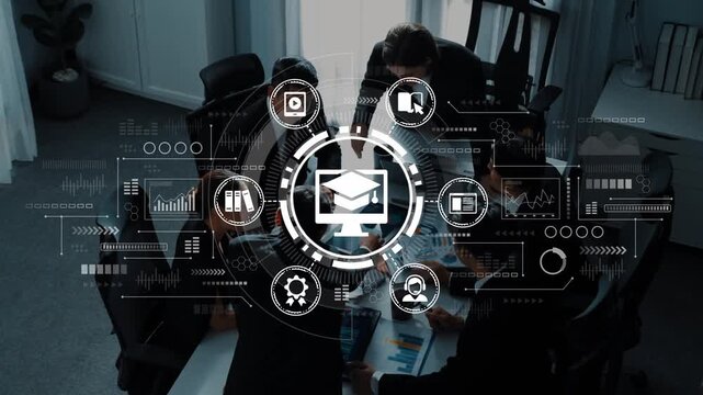 Business team collaborating on digital strategy with technology icons representing data analysis, communication, and project management for modern enterprises. Entropy.