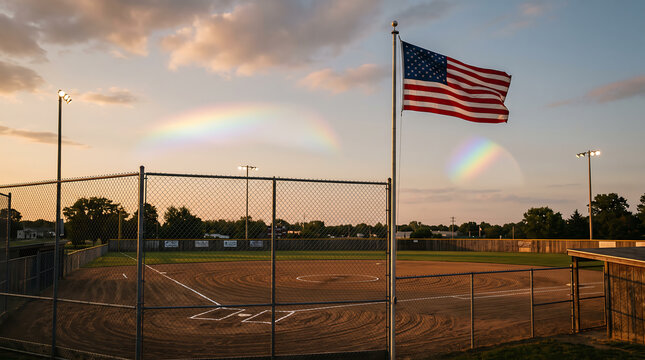 American flag waving over a baseball field at sunset with a double rainbow in the sky