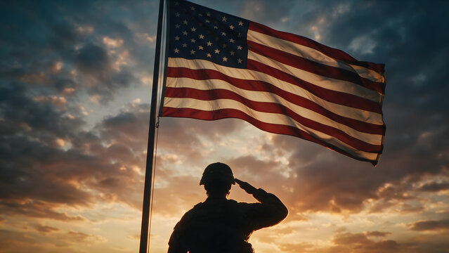 Soldier saluting American flag at sunset, patriotic military tribute and national pride.