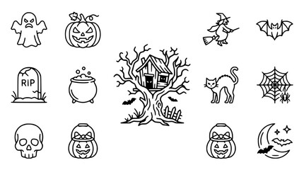 Fototapeta premium Halloween Icons Collection: Ghost, Pumpkin, Witch, Bat, Tombstone, Cauldron, Spiderweb