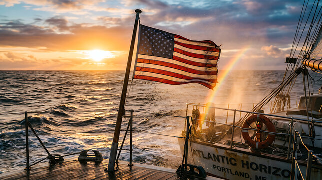 American flag waving on a fishing boat at sunset over the ocean