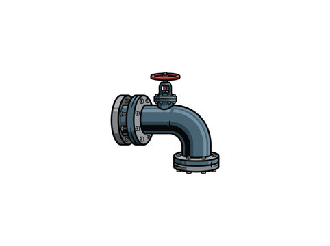 Blue Gray Industrial Pipe Elbow With Bolted Flanges And Red Handwheel Valve Vector Illustration