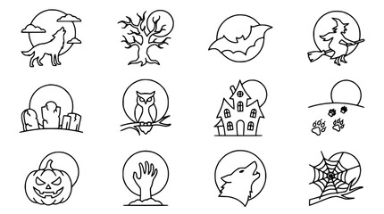 Obraz premium Halloween Icons Set: Wolf, Owl, Witch, Haunted House, Pumpkin, Bat, Spiderweb