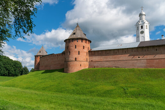 The Mitropolichya Tower of the Novgorod Kremlin (Novgorodsky Detinets) and the Euthymius Bell Tower on a sunny summer day, Veliky Novgorod, Russia