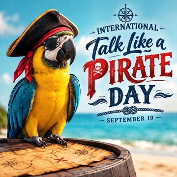 Colorful macaw parrot dressed as a pirate wearing an eye patch and hat standing on a wooden barrel celebrating holiday