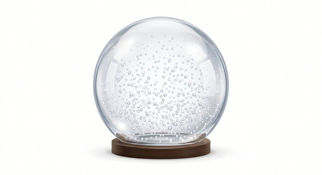 Empty glass snow globe with swirling snowflakes inside on a wooden base isolated on white background