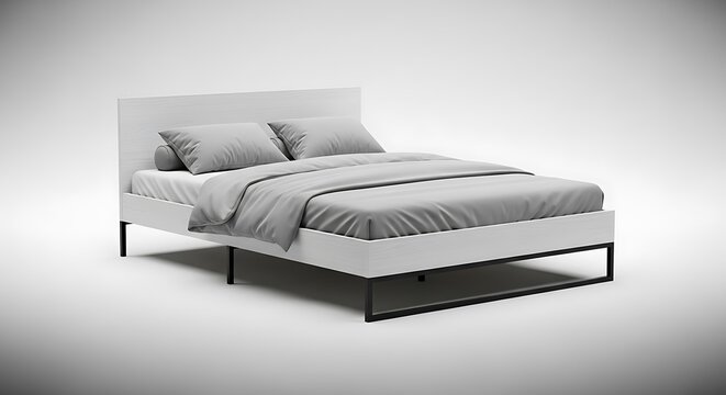 Modern wooden double bed frame featuring a sleek black metal base with comfortable grey bedding and plush pillows presented in a clean studio environment isolated perfectly on white background