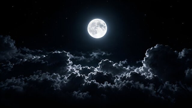 Full Moon Shining in Dark Starry Night Sky Surrounded by Dark Clouds