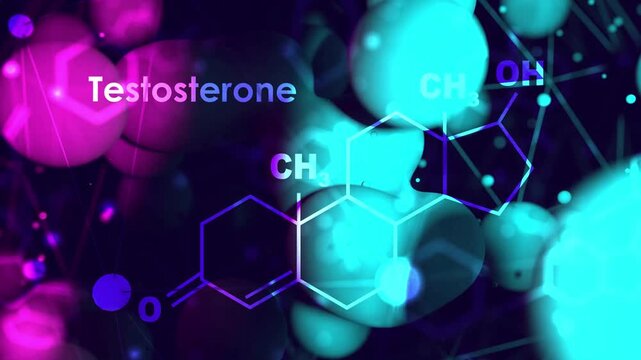 Chemical molecular formula hormone testosterone. Infographics animation.