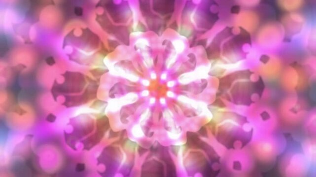 A glowing mandala in kaleidoscope style with intricate swirls, radial symmetry and sparkling lights. It suits spiritual, meditation, ethnic, festive and decorative backgrounds and designs.