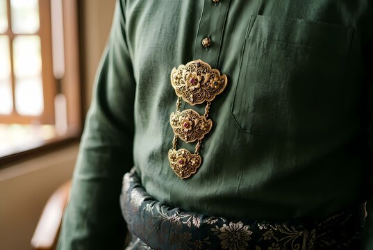 Traditional Kerongsang Brooch on Malay Baju Melayu Attire
