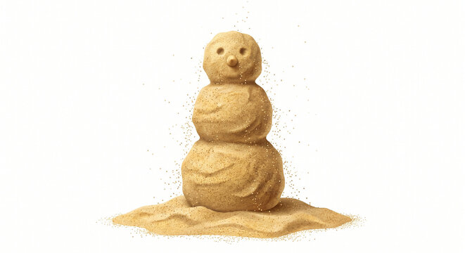 Small Cute Sandman Figure Sculpted from Golden Sand Isolated on a White Background