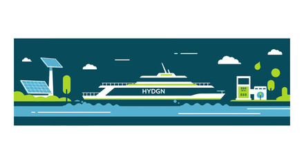 Fototapeta premium Hydrogen Powered Ship Illustration with Solar Energy and Fueling Station