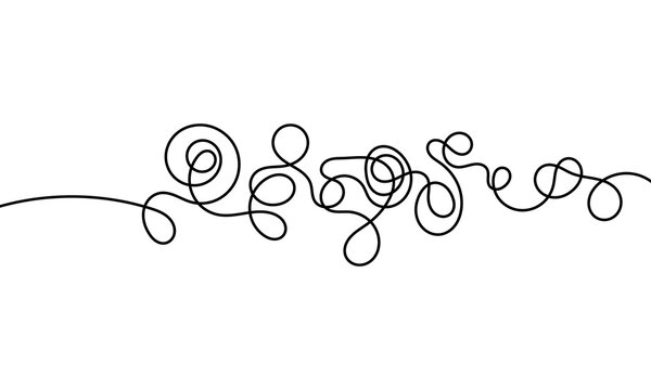 Abstract continuous line drawing of a complex tangled scribble on a white background.