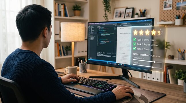 Software developer working at computer desk with holographic interface displaying task list and five star rating feedback, modern technology and productivity concept in home office