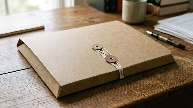 Minimalist brown notebook mockup with keychain on wooden desk for branding and design presentations