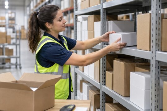 Warehouse worker restocking returned package on storage shelf