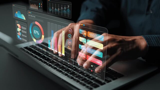 Modern Data Analytics Interface with Hands Typing on Laptop, Displaying Colorful Graphs, Charts, and Digital Elements for Business Insights and Reporting Sigmoid