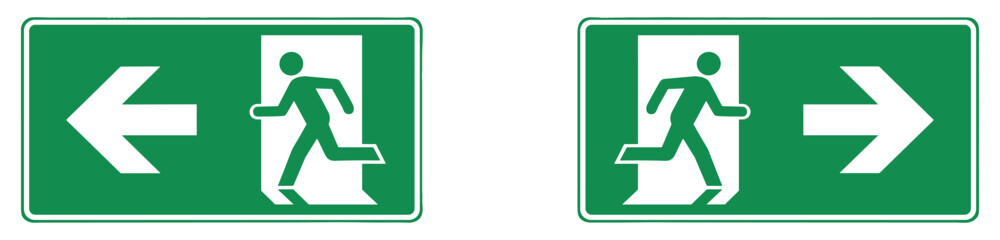 Emergency Exit Signs: Two green safety signs clearly indicate emergency exit directions with pictograms of a running person and arrows pointing left and right. © RIMI RANI