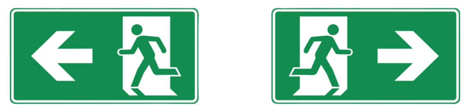 Emergency Exit Signs: Two green safety signs clearly indicate emergency exit directions with pictograms of a running person and arrows pointing left and right.