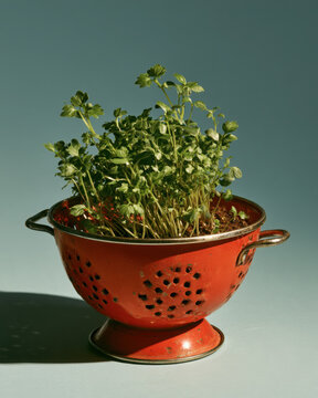 Fresh green herb seedlings growing from a vintage red colander, creating a playful sustainable gardening still life against a muted blue-green background.