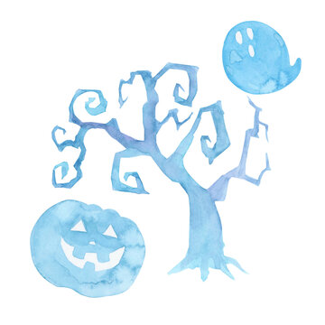 ハロウィン　樹木 シルエット　水彩 イラスト