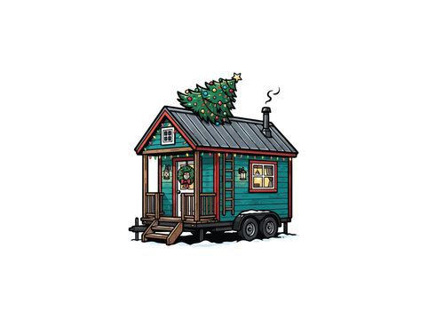 Tiny House On Wheels Decorated With Christmas Tree Holiday Lights Wreath And Snow Accents.eps