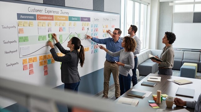 Diverse group of business professionals collaborating on a customer experience journey map in a modern office environment.