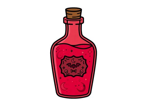 Red Magic Potion Bottle with Glowing Liquid and Bat Symbols