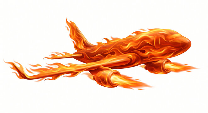 Powerful airplane silhouette formed from intense orange flames flying fast against white background concept of speed