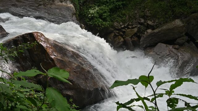 The power of Langtang Khola river in countryside of Nepal. This river is a river coming from the south flows down along the Langtang trekking route, Nepal. 