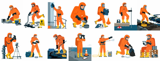 Fototapeta premium Set of illustrations featuring workers in orange hazmat suits performing various hazardous material cleanup, environmental monitoring, and industrial safety tasks.