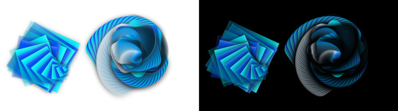 PNG image of Vibrant blue geometric spiraling squares and abstract swirling floral shapes composed of layered modern digital lines on transparent background