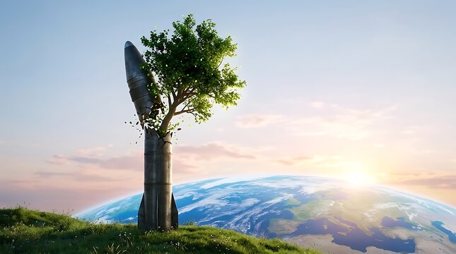 A green tree growing out of a metallic rocket ship on a grassy planet surface.