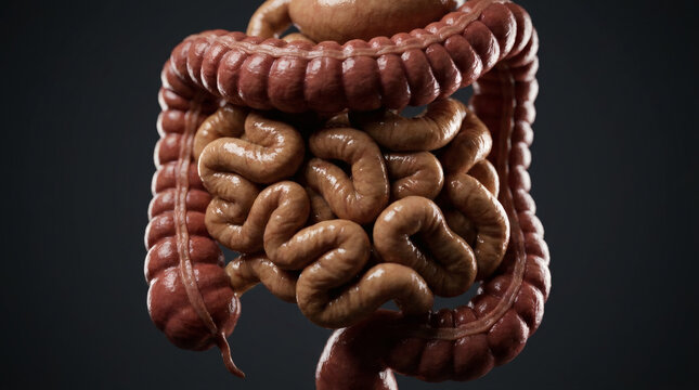 Detailed 3D rendering of human digestive system anatomy showing internal organs