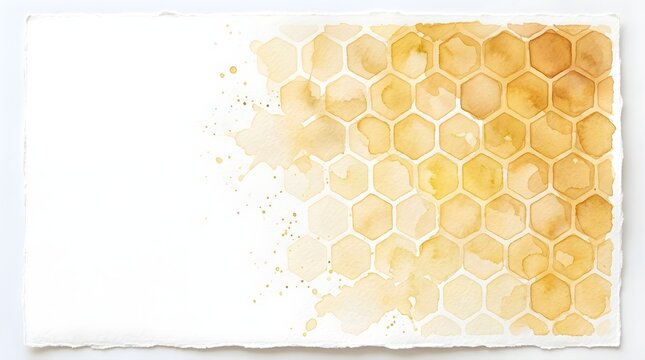 Watercolor painting of a honeycomb pattern with golden yellow hexagonal cells fading into a clean white space, isolated on white background