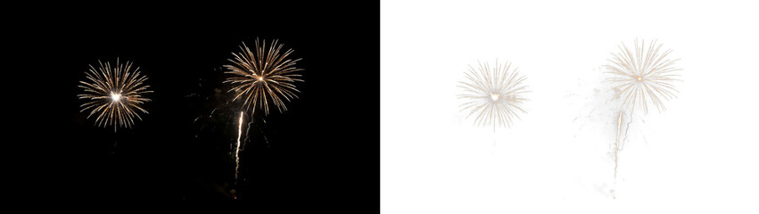 Fototapeta premium Two golden fireworks explosions in the night sky, one with a visible trail, isolated on transparent background