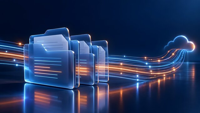 Cloud storage data transfer concept with glowing digital file folders and fiber optic streams connecting to virtual network database