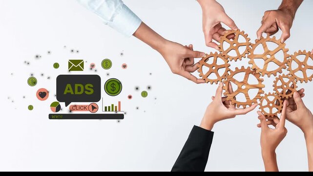 Dynamic scene showcasing diverse hands assembling gears, symbolizing collaboration in marketing and digital advertising, next to a laptop with relevant icons. Raster