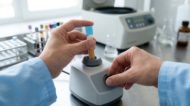 Scientist's hands use a vortex mixer to agitate a test tube containing a sample, with lab equipment in the background.