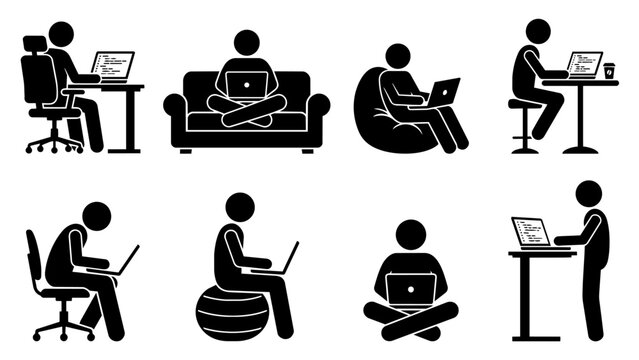 People working on laptops in different positions set