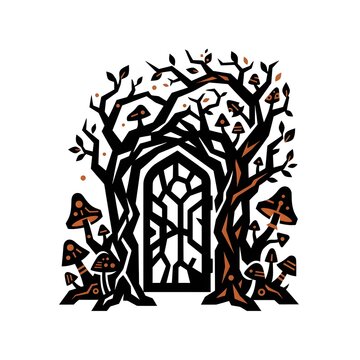 Enchanting forest door t shirt design a mystical gateway to whimsical realms with a detailed tree and mushroom illustration for those who love